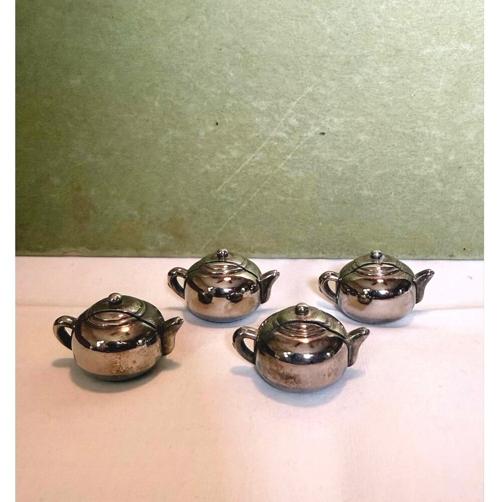 Mini Teapot Place Card Holders • Silver Plate • Set of 4 • Vintage